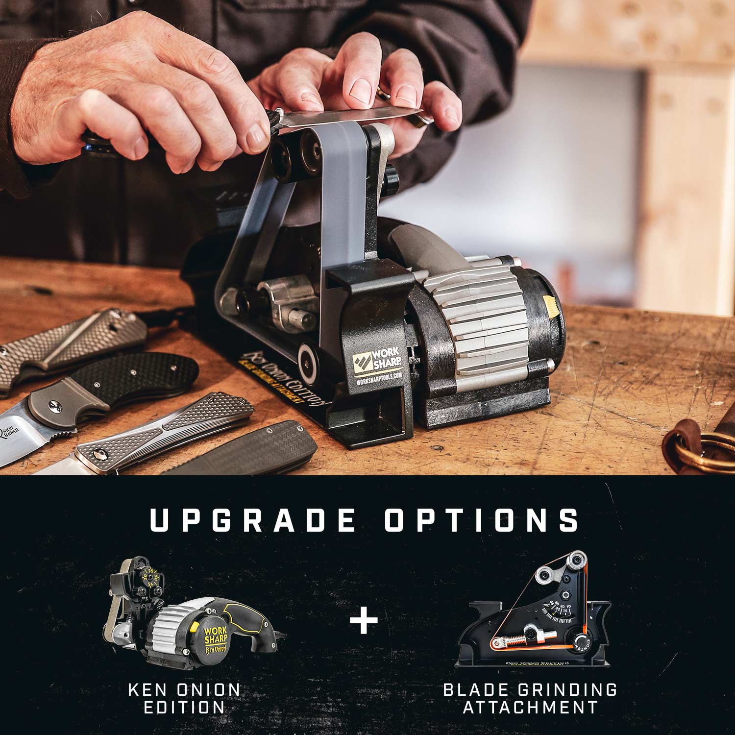 Man sharpening a pocket knife on the top of the Blade Grinding Attachment connected to the Work Sharp Knife and Tool Sharpener Ken Onion Edition